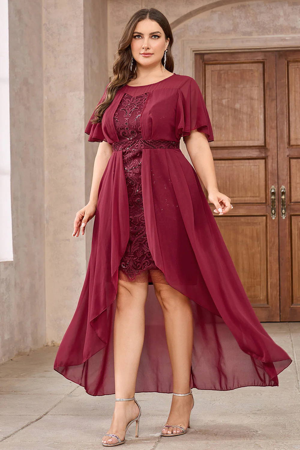 Burgundii Plus Size Szyfon Długa Sukienki Na Wesele z Aplikacjami - Image 4
