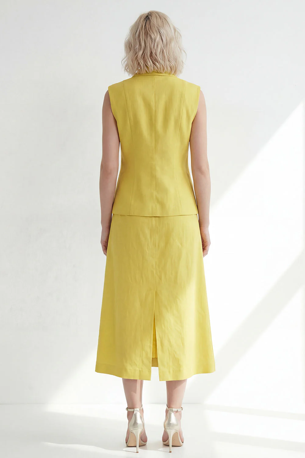 Butter Yellow Notched Label z klapą na jeden guzik Slim Fit Midi Work Dress z rozcięciem - Image 2