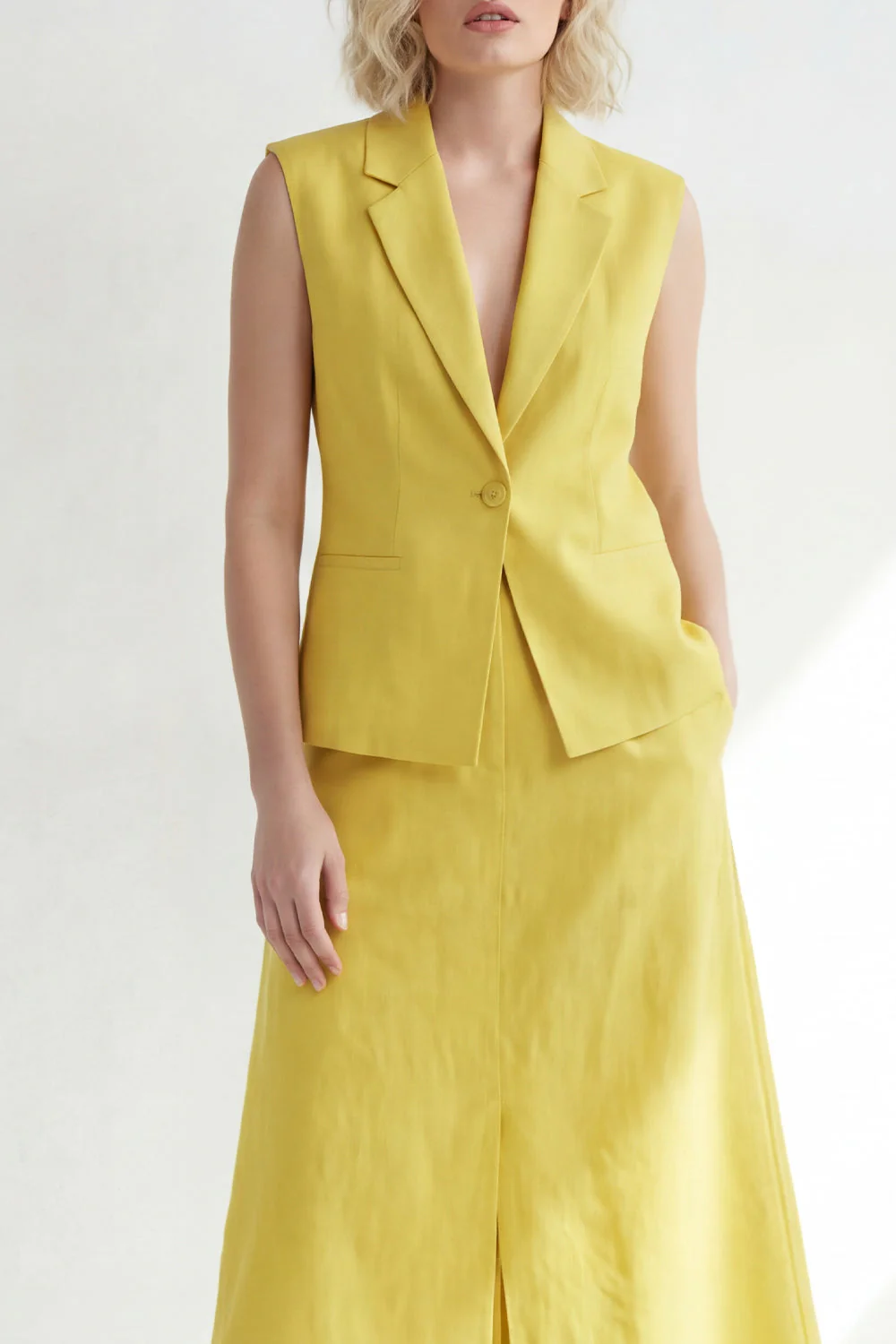 Butter Yellow Notched Label z klapą na jeden guzik Slim Fit Midi Work Dress z rozcięciem - Image 3