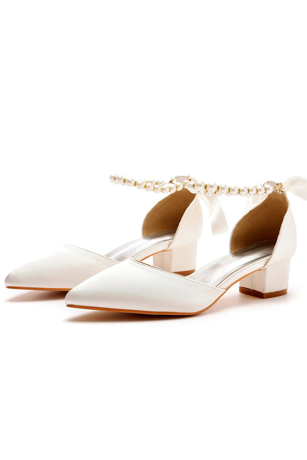 Buty ślubne z kości słoniowej Perłowe sznurowane obcasy ślubne Eleganckie buty weselne z noskiem w szpic - Image 4