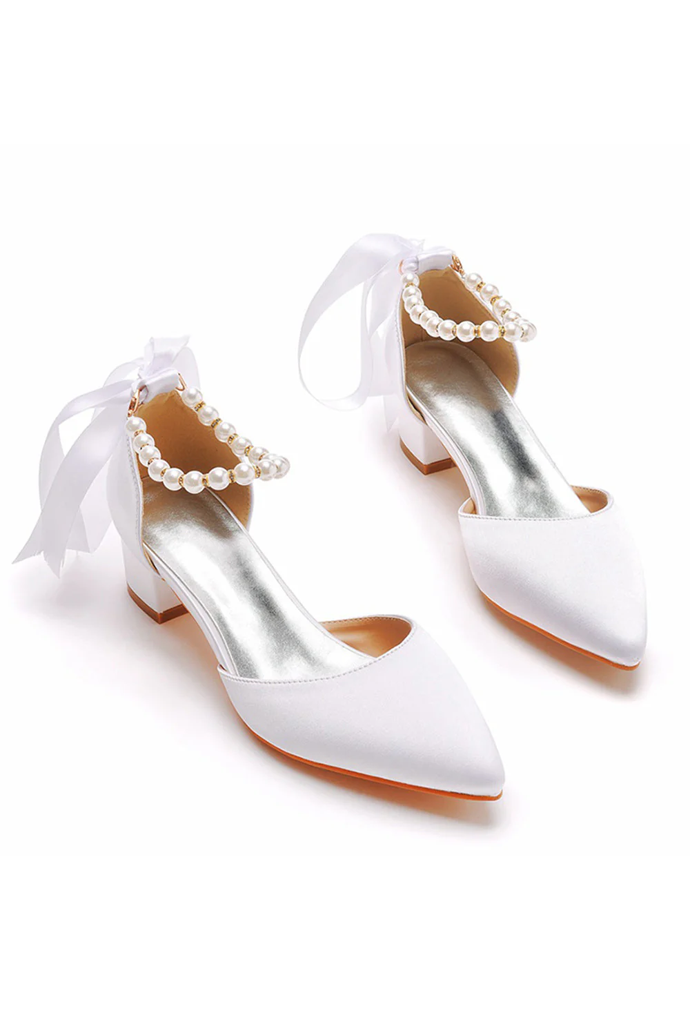Buty ślubne z kości słoniowej Perłowe sznurowane obcasy ślubne Eleganckie buty weselne z noskiem w szpic - Image 6
