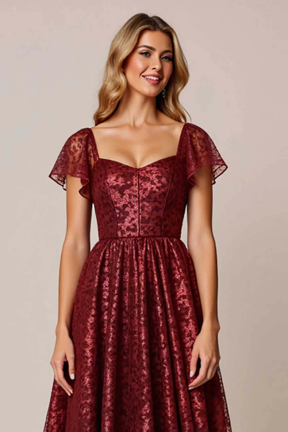 Cabernet A Line Applique Sukienka dla gości weselnych z krótkimi rękawami - Image 4