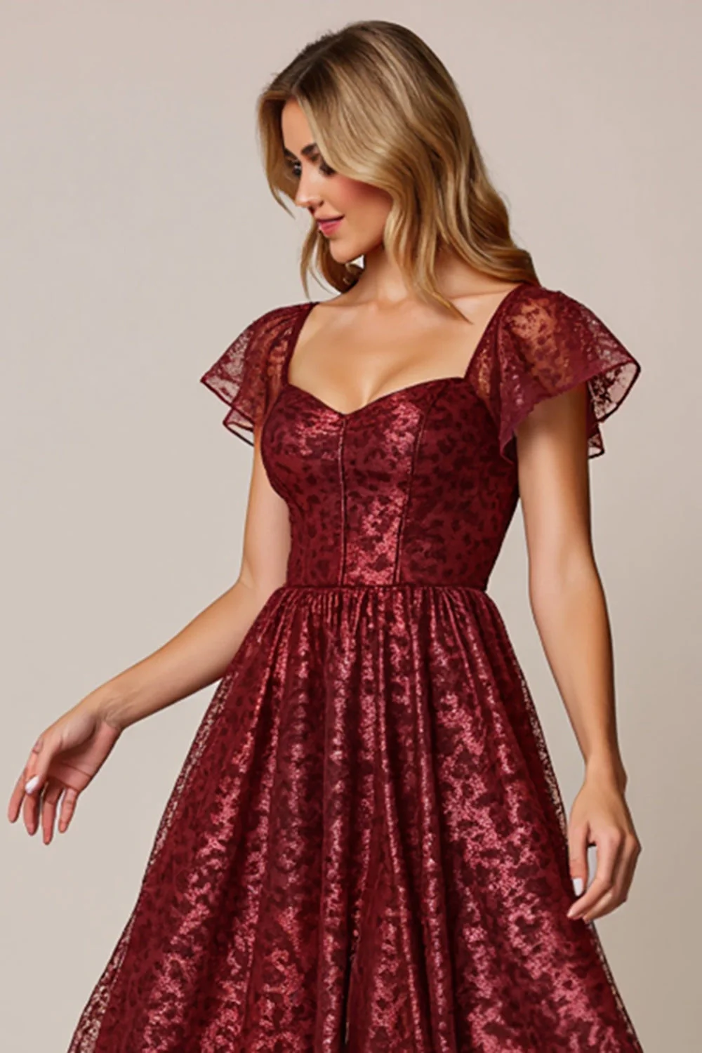 Cabernet A Line Applique Sukienka dla gości weselnych z krótkimi rękawami - Image 5