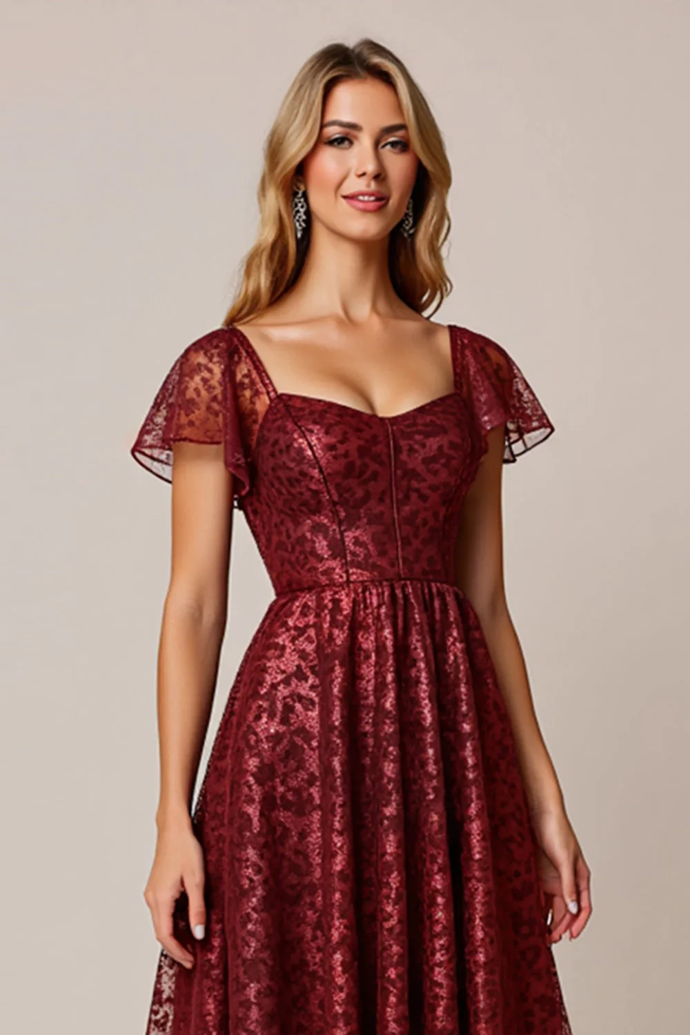 Cabernet A Line Applique Sukienka dla gości weselnych z krótkimi rękawami - Image 6