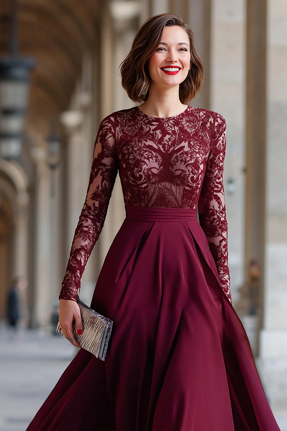 Cabernet Chiffon A Line Długie Rękawy Sukienka Matki Panny Młodej Z Koronką - Image 3