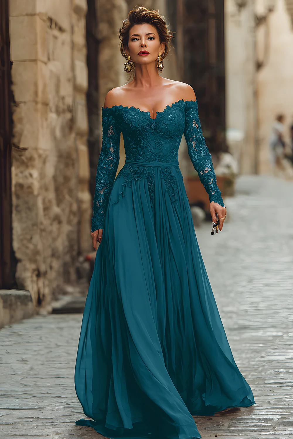 Cabernet Odkrytymi Ramionami Kształcie Litery A Długa Sukienki Wieczorowe z Koronki - Image 10