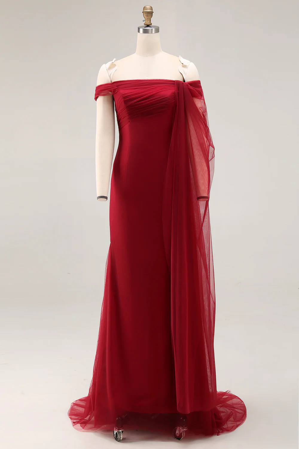 Cabernet Off the Shoulder Syrenka Tiulowa Długa Wojskowa Sukienka Balowa - Image 3