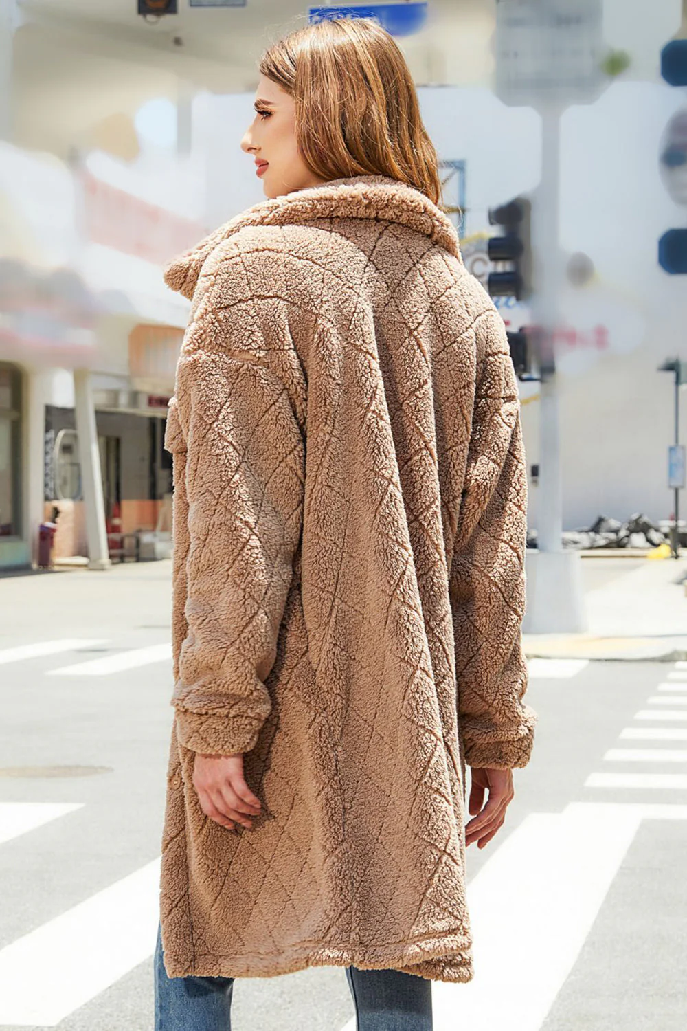 Camel Fleece Button Down Midi Płaszcz - Image 2