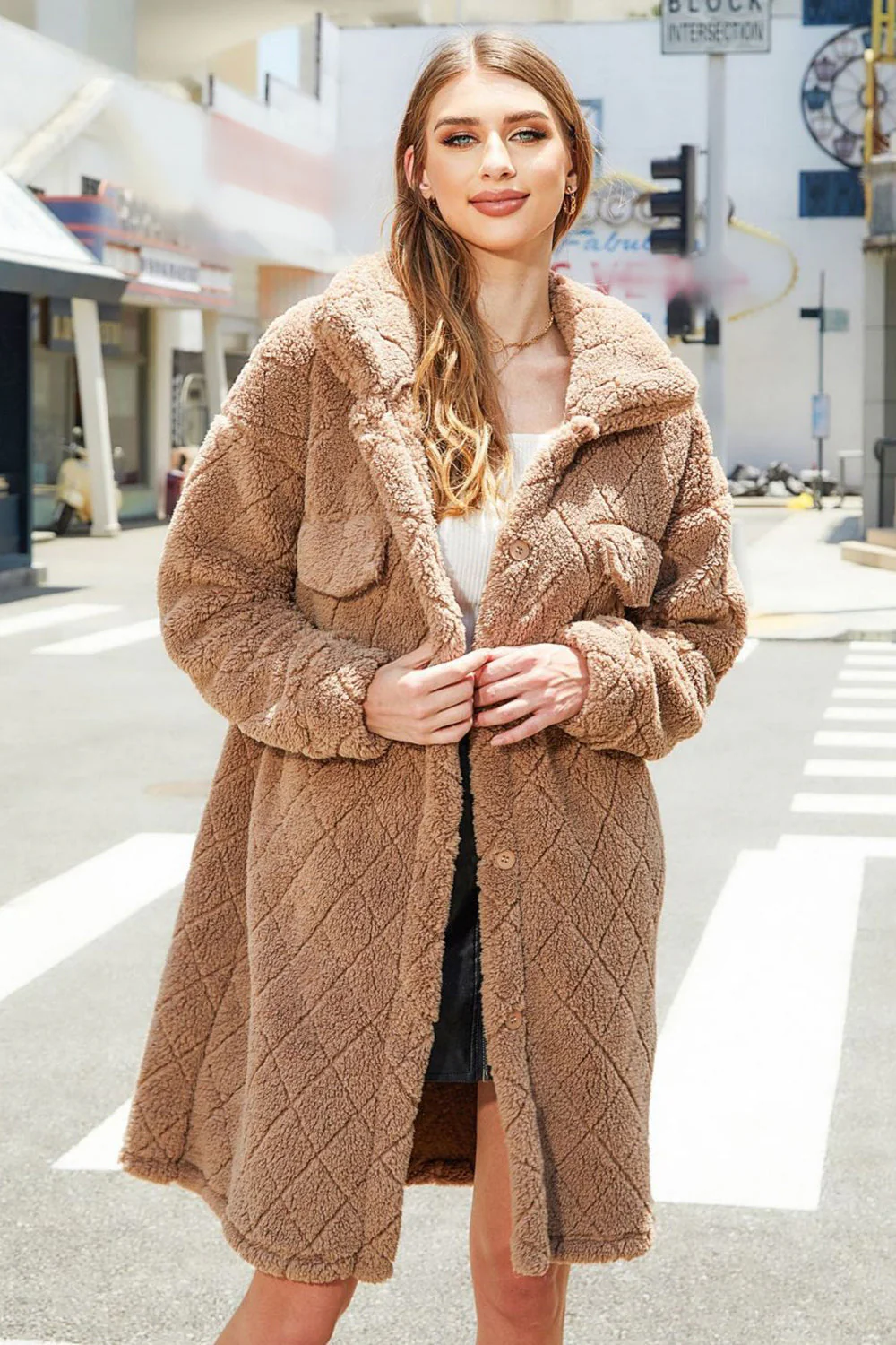 Camel Fleece Button Down Midi Płaszcz - Image 3