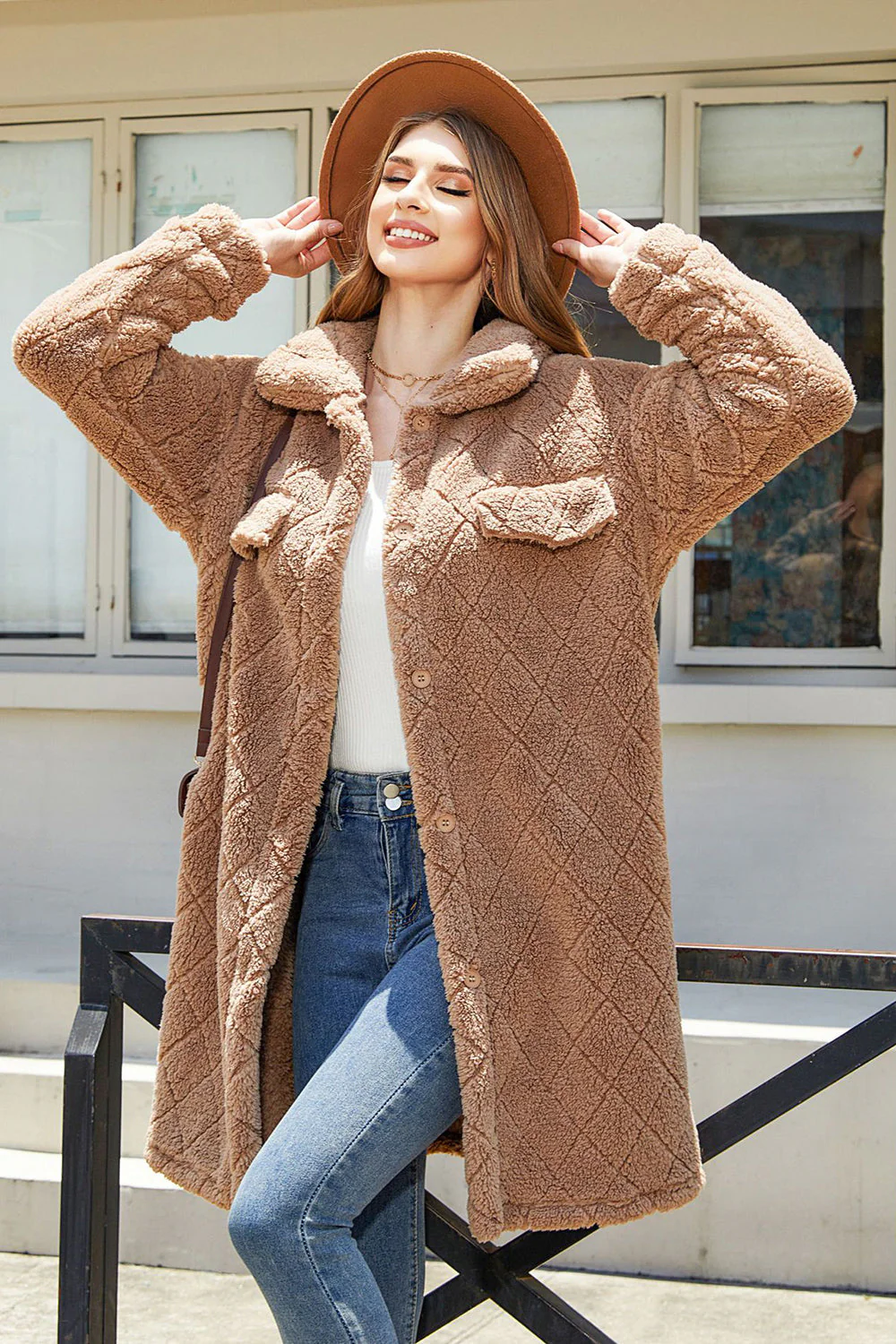 Camel Fleece Button Down Midi Płaszcz - Image 5
