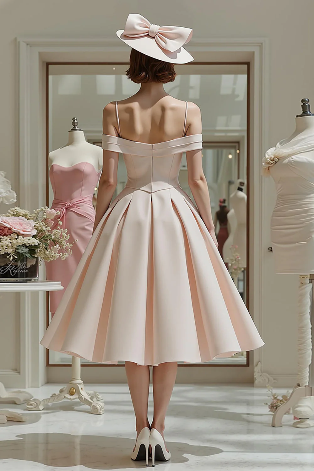 Candy Pink Cold Shoulder Linia Ruched Midi Sukienka Matki Panny Młodej - Image 2