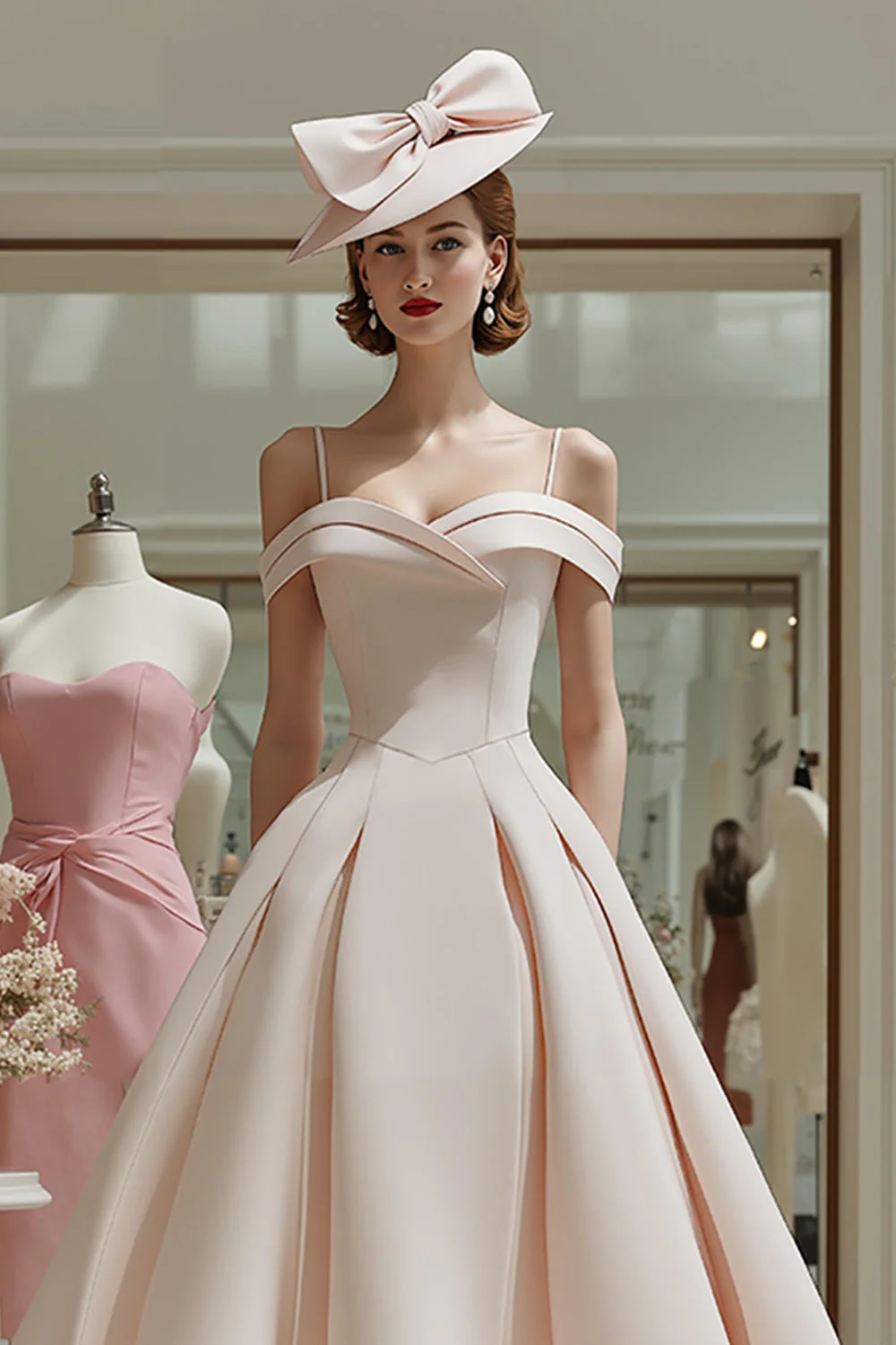 Candy Pink Cold Shoulder Linia Ruched Midi Sukienka Matki Panny Młodej - Image 3