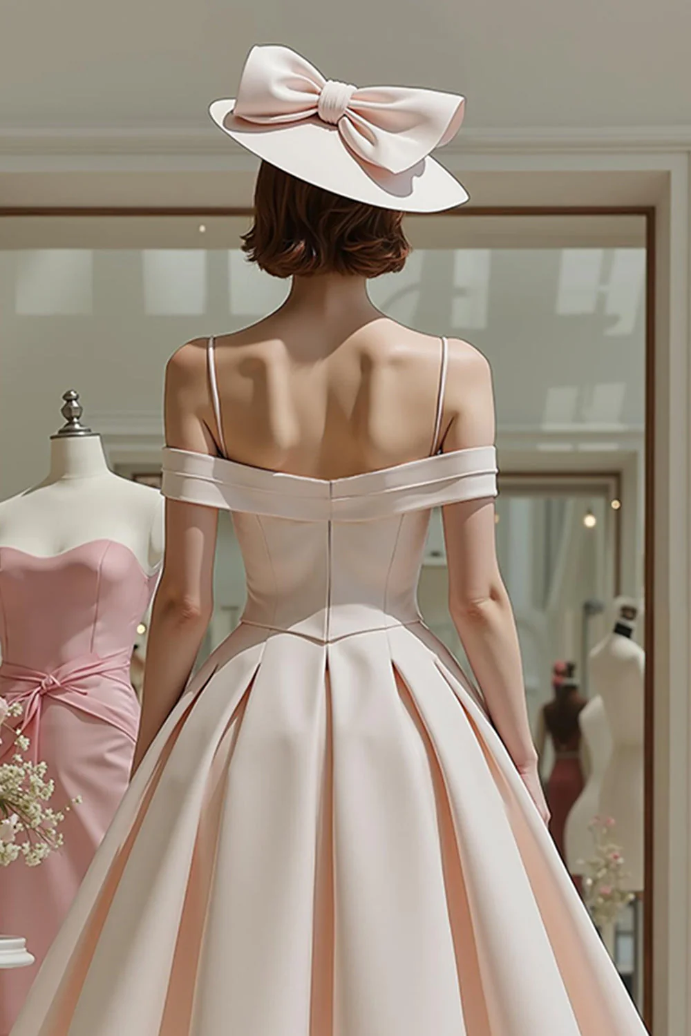Candy Pink Cold Shoulder Linia Ruched Midi Sukienka Matki Panny Młodej - Image 4