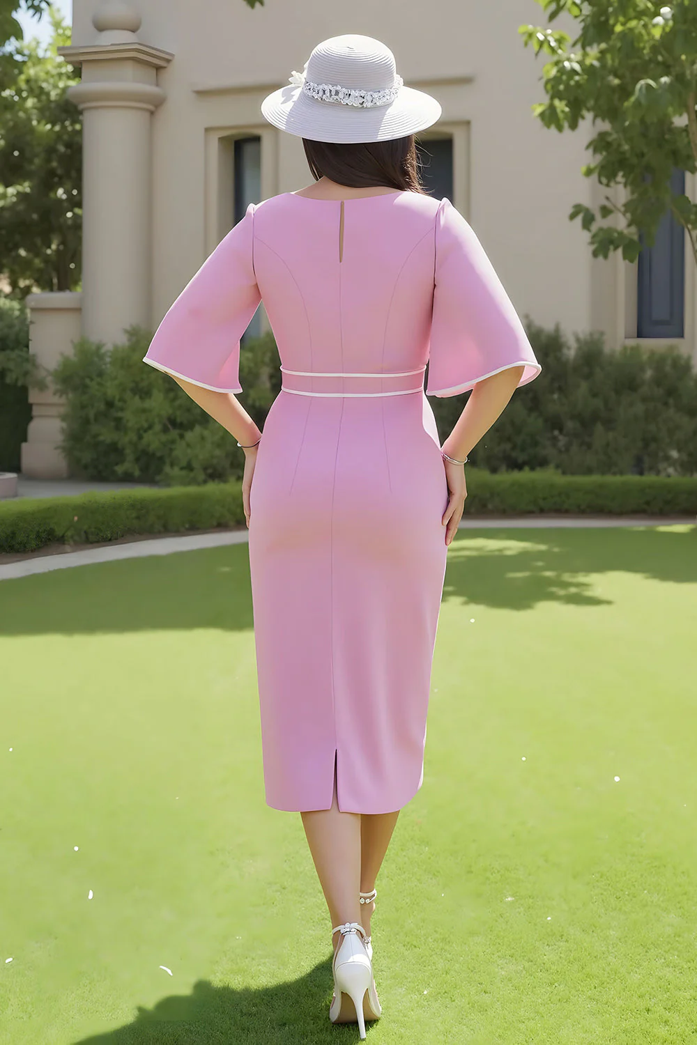 Candy Pink Ruched Midi Wrap Sukienka dla gości weselnych z półrękawami - Image 2
