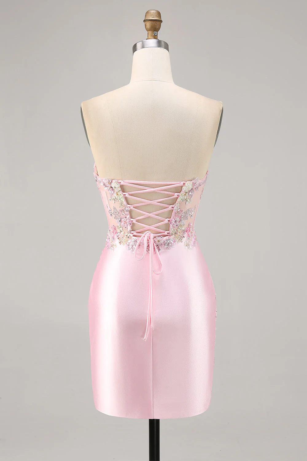 Candy Pink Satin Bodycon Krótki Gorset Sukienka Na Powrót Do Domu Z Aplikacją - Image 2