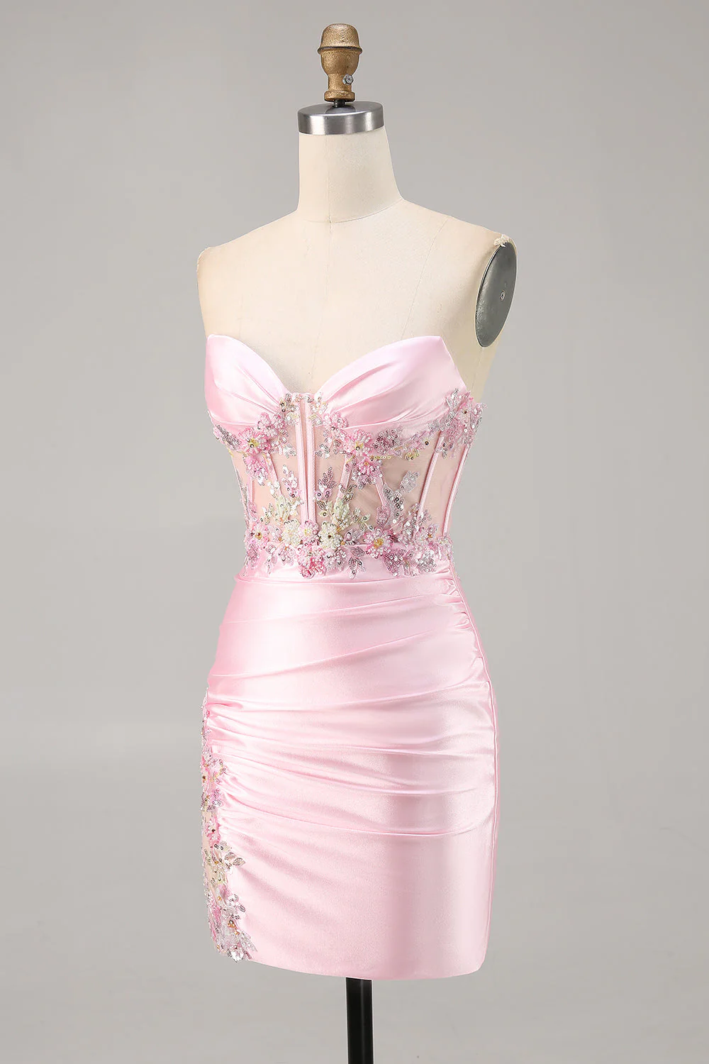 Candy Pink Satin Bodycon Krótki Gorset Sukienka Na Powrót Do Domu Z Aplikacją - Image 3