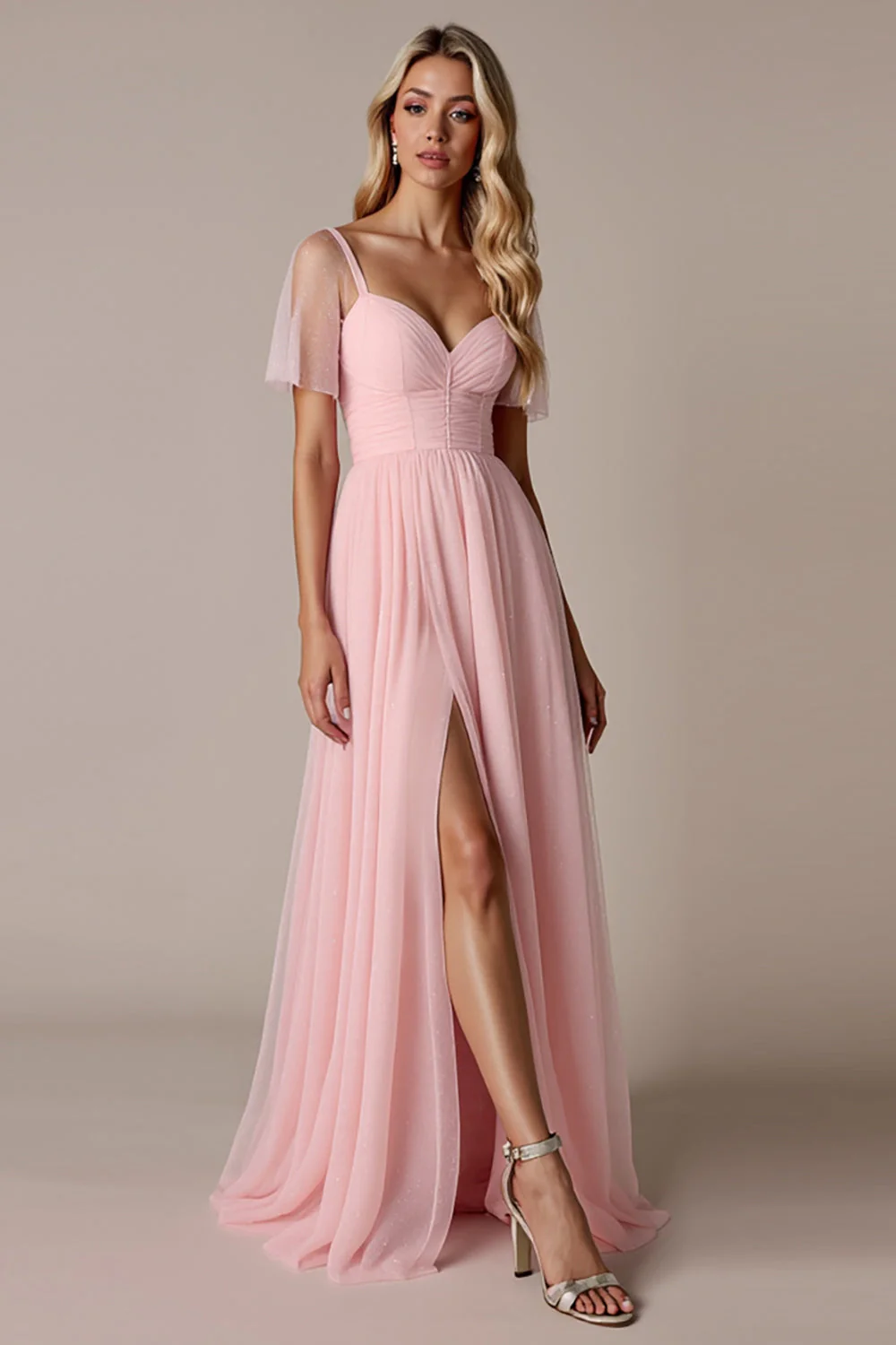 Candy Pink Sukienka dla druhen z krótkimi rękawami - Image 3