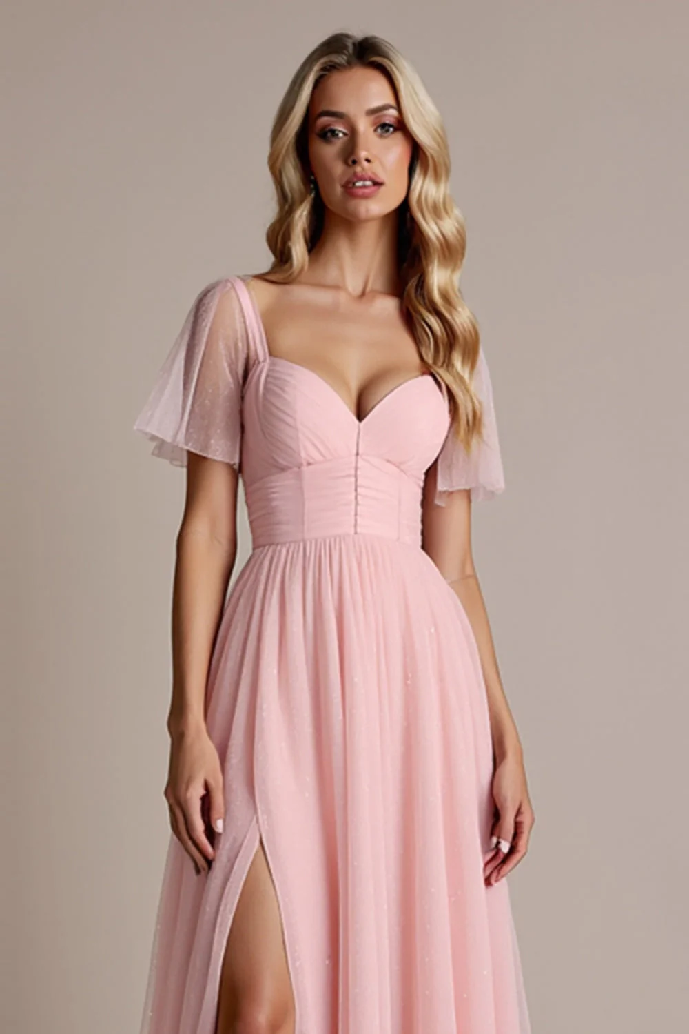 Candy Pink Sukienka dla druhen z krótkimi rękawami - Image 4