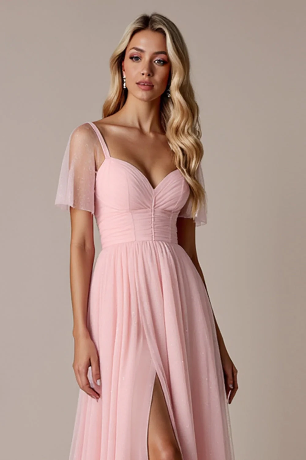 Candy Pink Sukienka dla druhen z krótkimi rękawami - Image 6