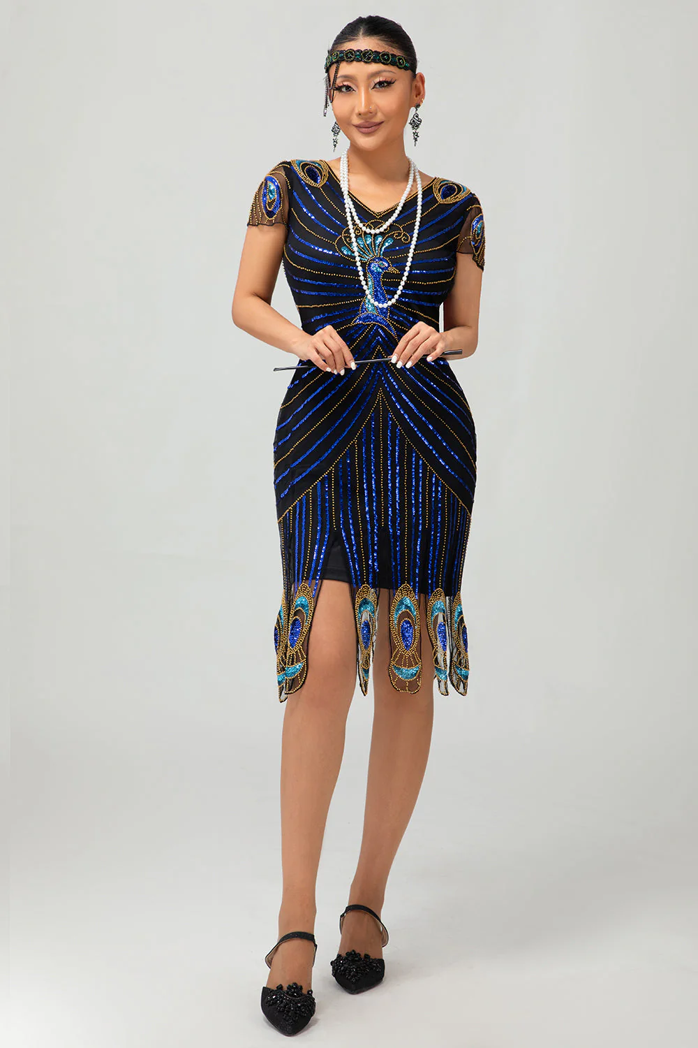 Cekinowa czarno-niebieska sukienka Bodycon Gatsby z 1920 roku z krótkimi rękawami - Image 3