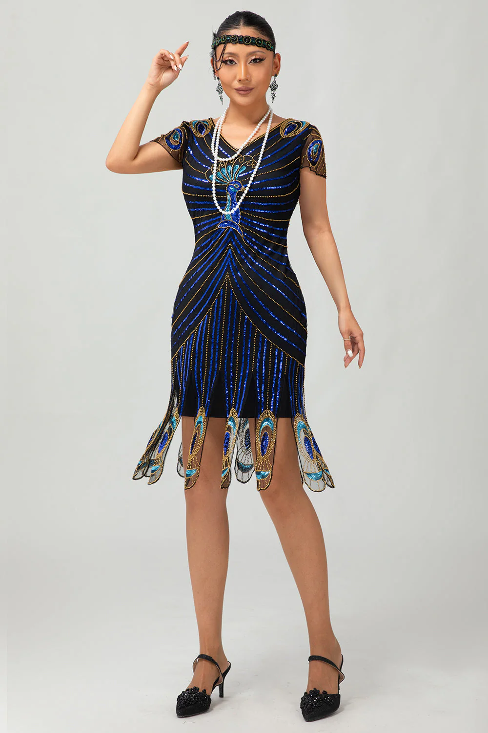 Cekinowa czarno-niebieska sukienka Bodycon Gatsby z 1920 roku z krótkimi rękawami - Image 4