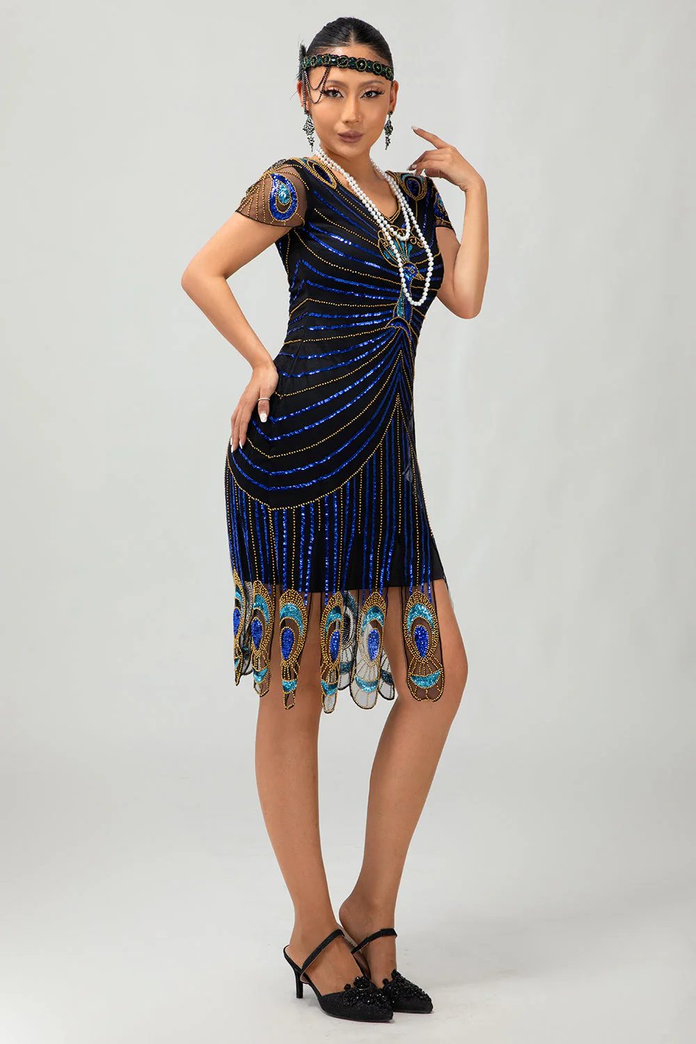 Cekinowa czarno-niebieska sukienka Bodycon Gatsby z 1920 roku z krótkimi rękawami - Image 5