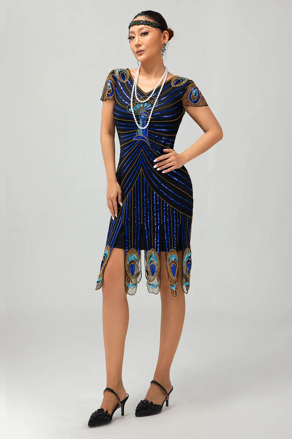 Cekinowa czarno-niebieska sukienka Bodycon Gatsby z 1920 roku z krótkimi rękawami - Image 6