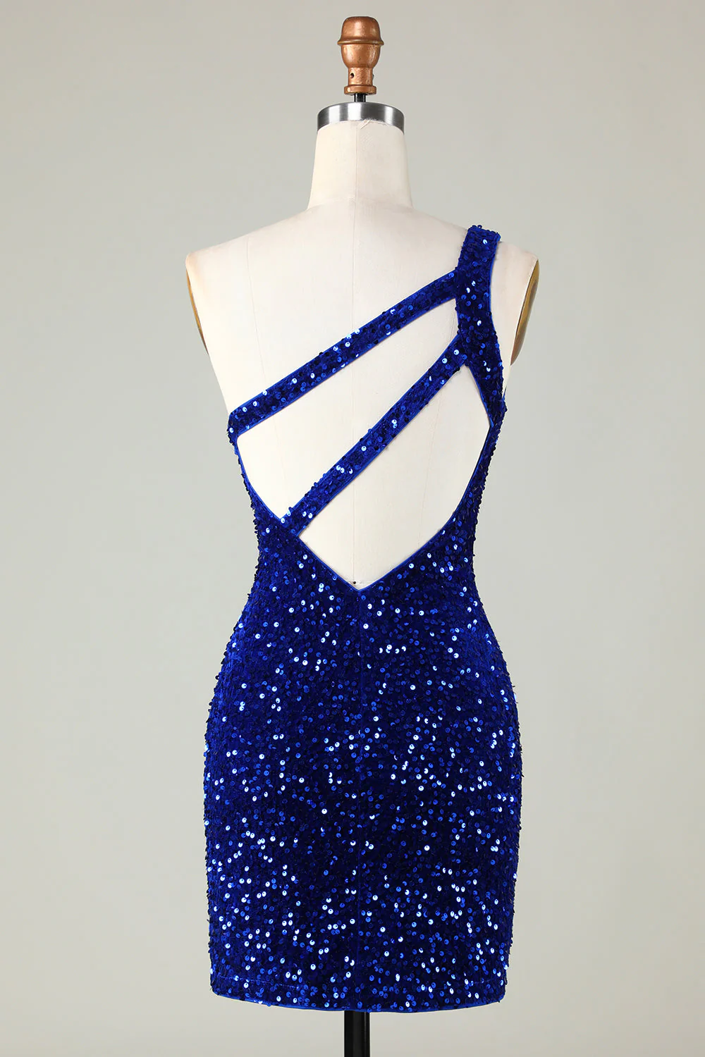 Cekiny na jedno ramię Royal Blue Tight Beading Krótka sukienka Homecoming - Image 2