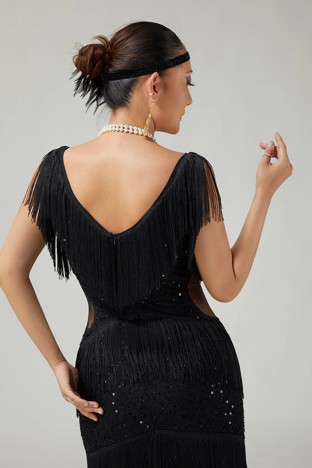 cerkiewna sukienka z dekoltem w szpic bodycon z frędzlami z 1920 roku z 5-częściowym zestawem akcesoriów - Image 5