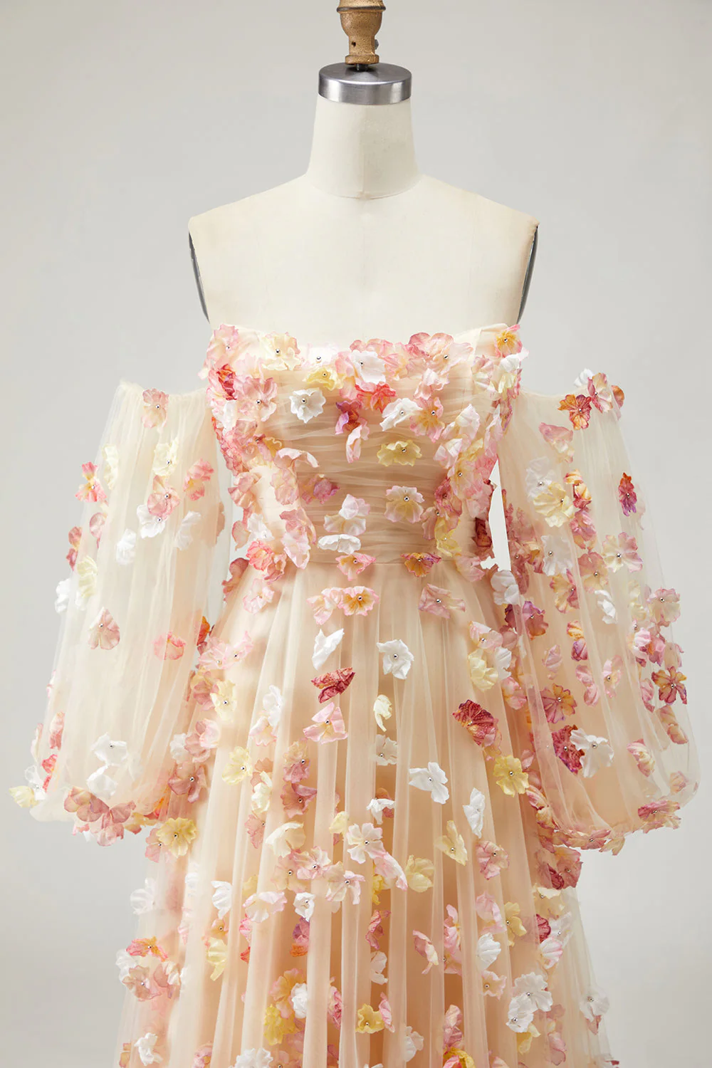 Champagne bez ramiączek A Line 3D Flowers Tiul długa sukienka na studniówkę z zdejmowanymi rękawami - Image 6