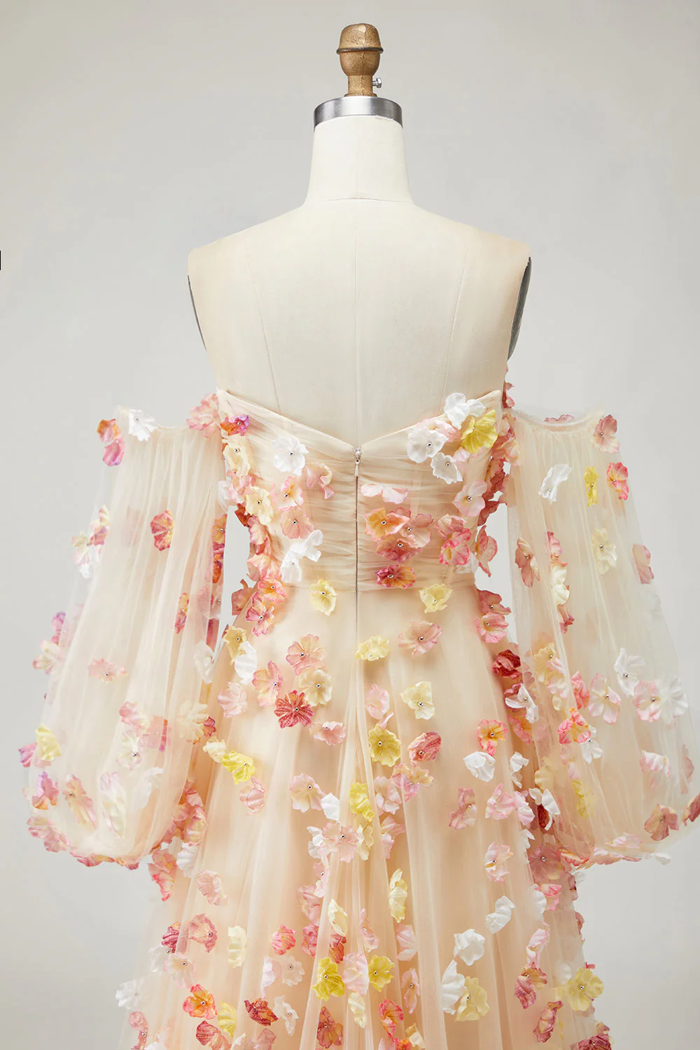 Champagne bez ramiączek A Line 3D Flowers Tiul długa sukienka na studniówkę z zdejmowanymi rękawami - Image 7