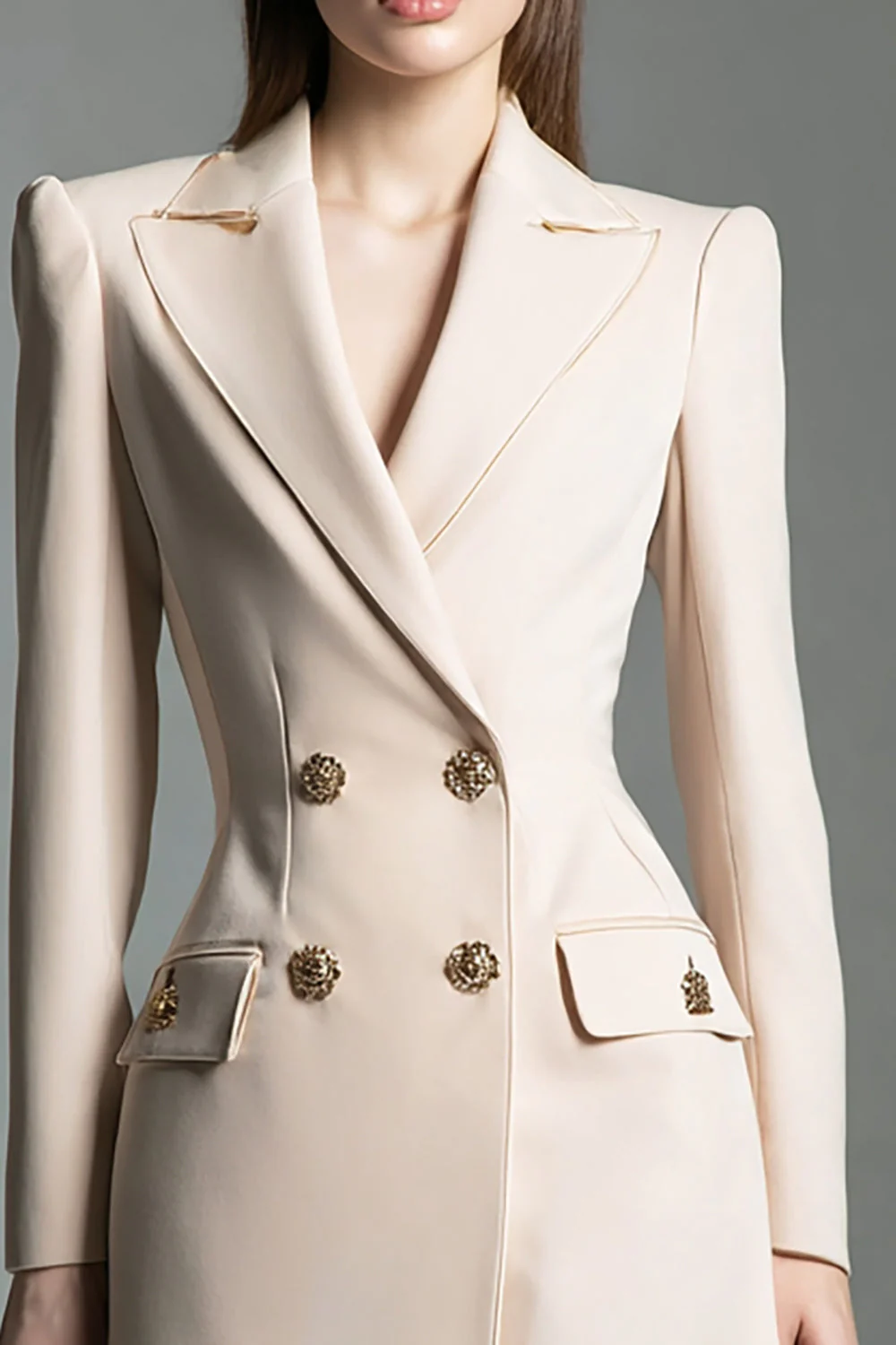 Champagne Peak Lapel Krótka Sukienka Z Długimi Rękawami Marynarka - Image 2