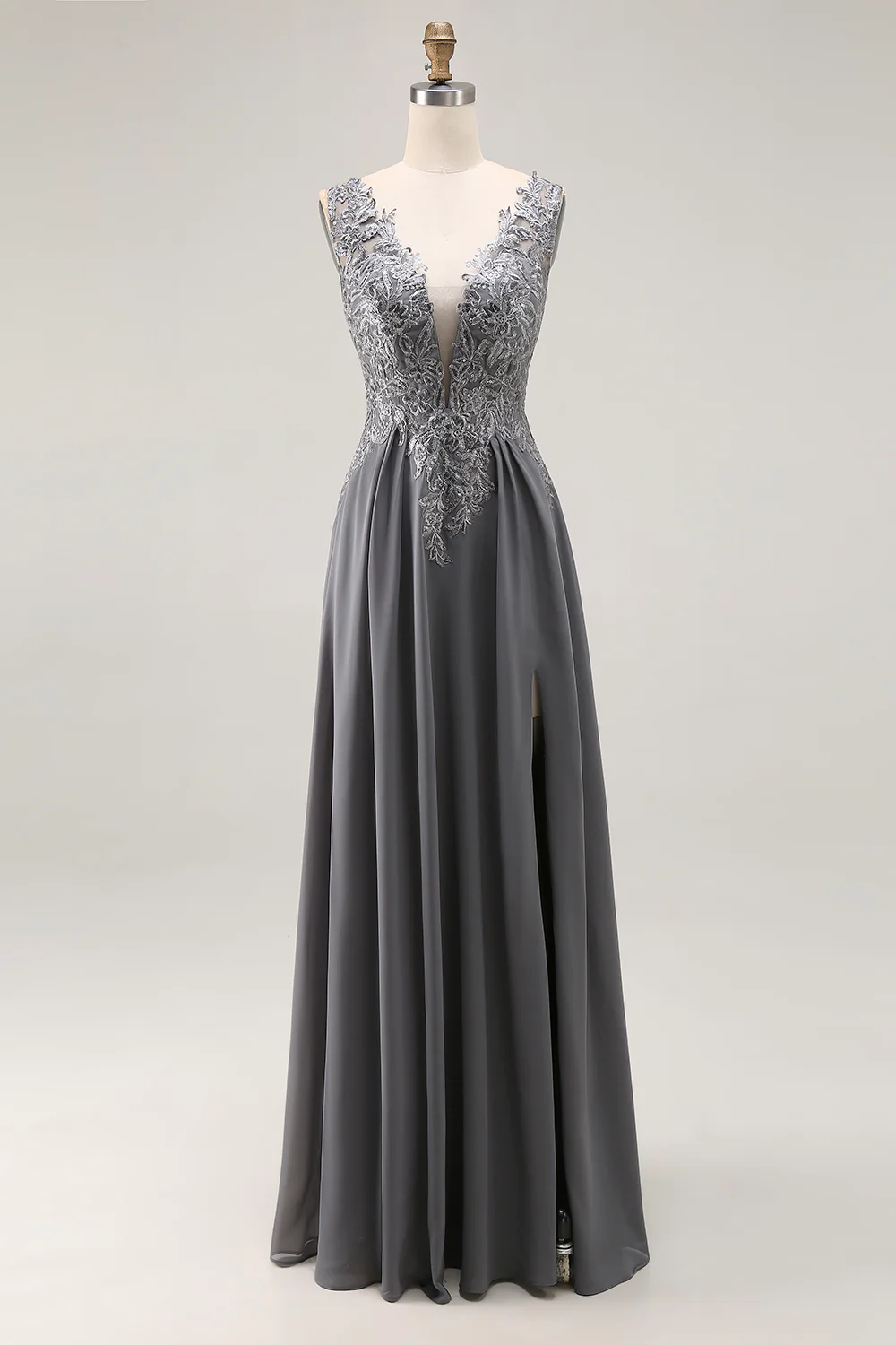 Charcoal A Line V-Neck Koronkowe Aplikacje Sukienka dla matki panny młodej - Image 3