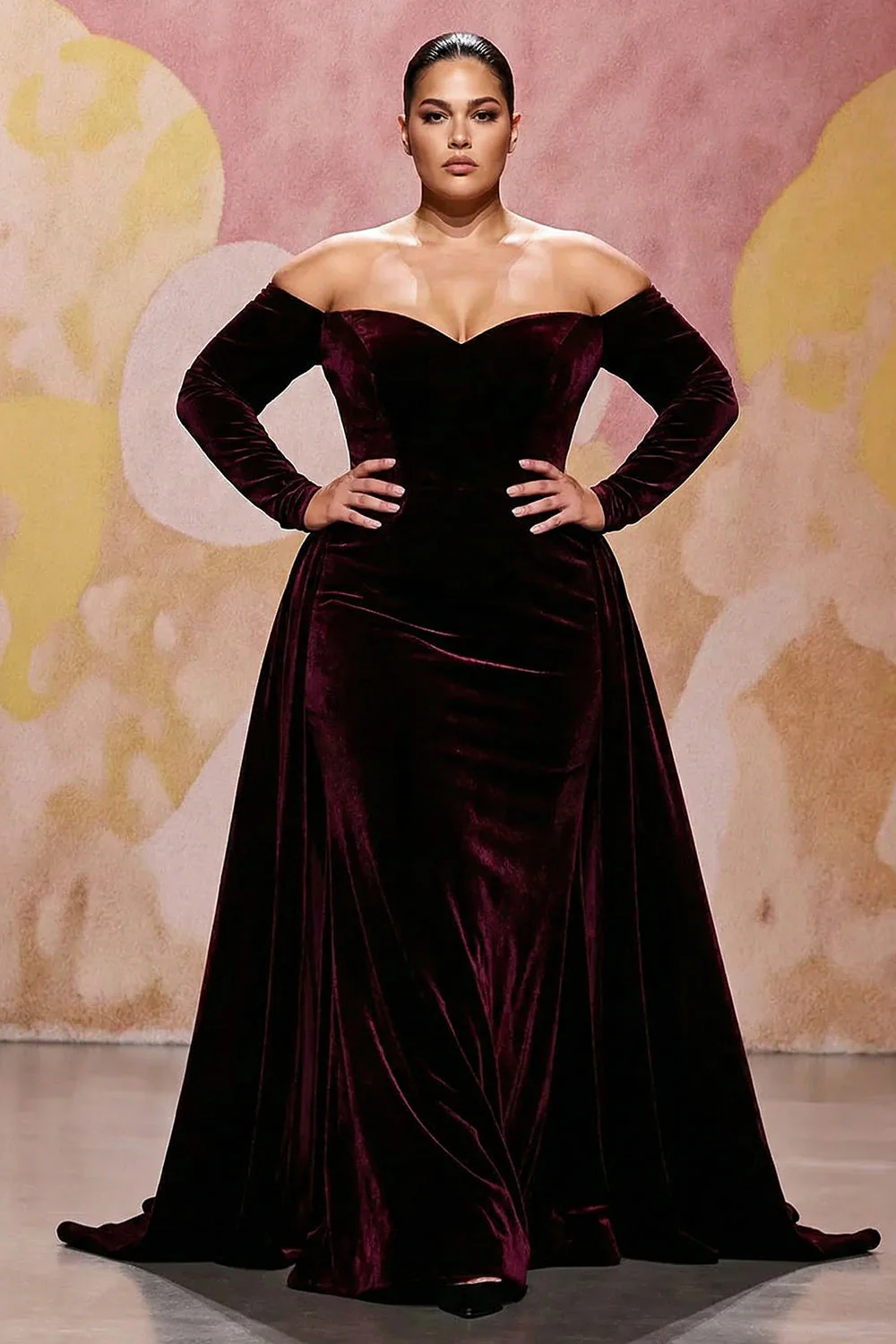 Ciemnoczerwona, aksamitna sukienka maxi w rozmiarze plus size z ciemnoczerwonym A-linią i szerokimi rękawami - Image 3