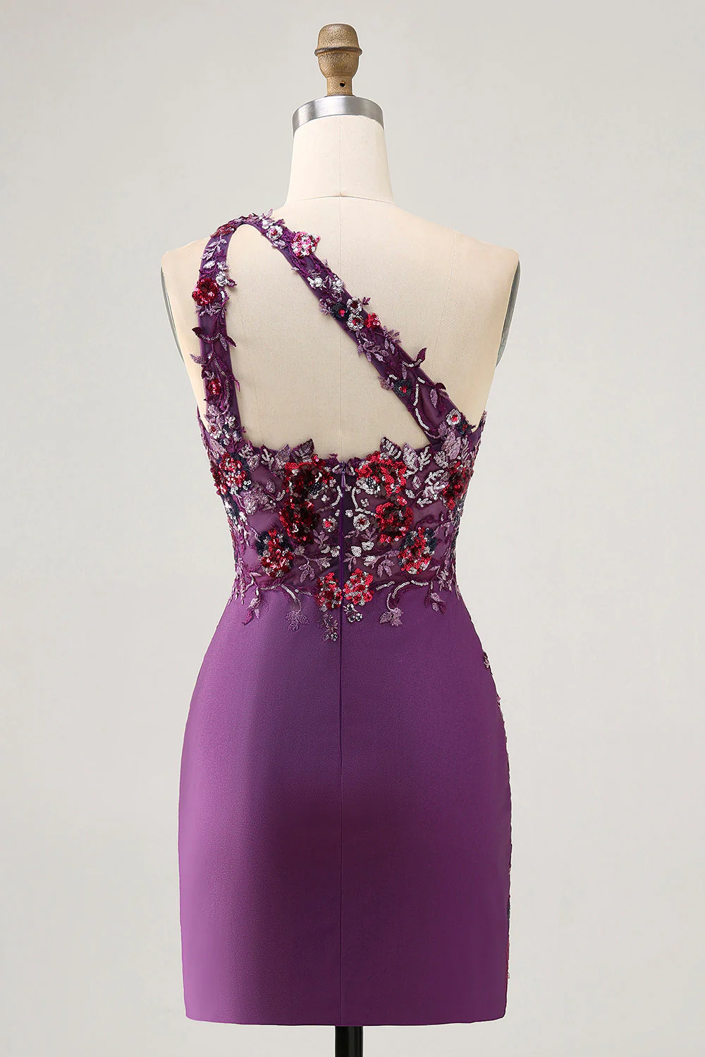 Ciemnofioletowa sukienka bodycon na jedno ramię z aplikacjami - Image 2