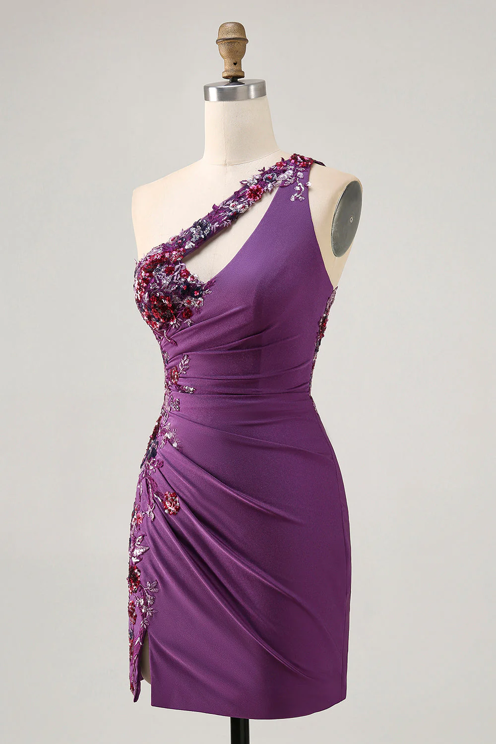 Ciemnofioletowa sukienka bodycon na jedno ramię z aplikacjami - Image 3