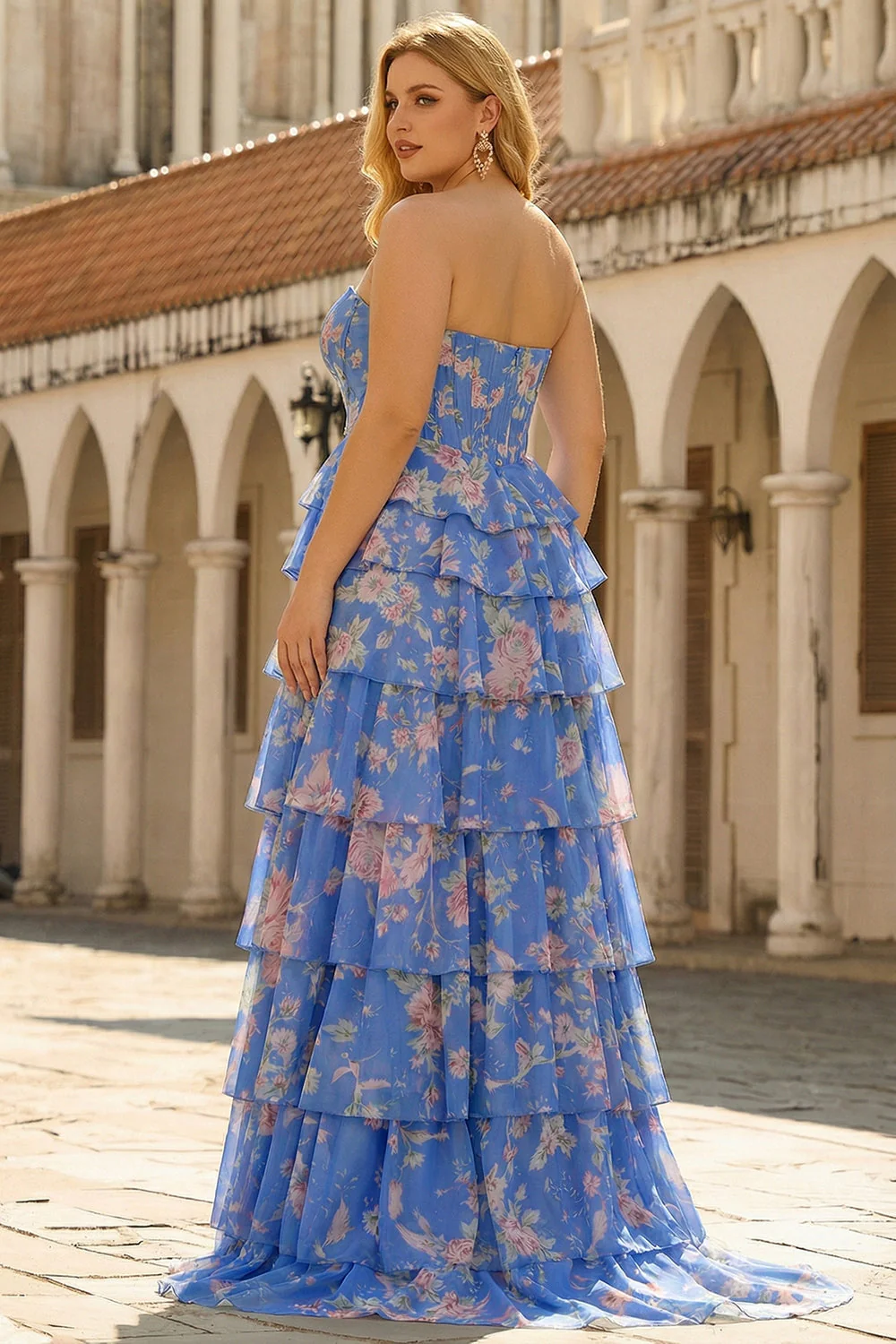 Ciemnoniebieska, bezramiączkowa gorset w kształcie litery A, szyfonowa długa sukienka na bal plus size z falbanami - Image 2