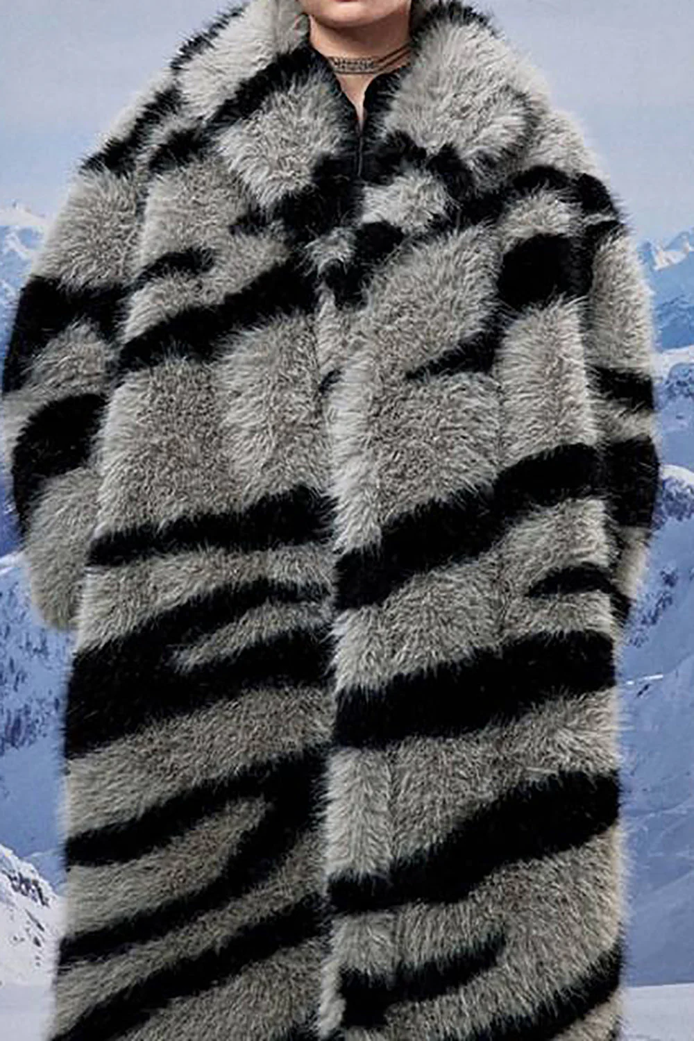 Ciemnoszary Wzór Zebry Imitacja Oversize Długa Plaszcz Ze Sztucznego Futra - Image 3