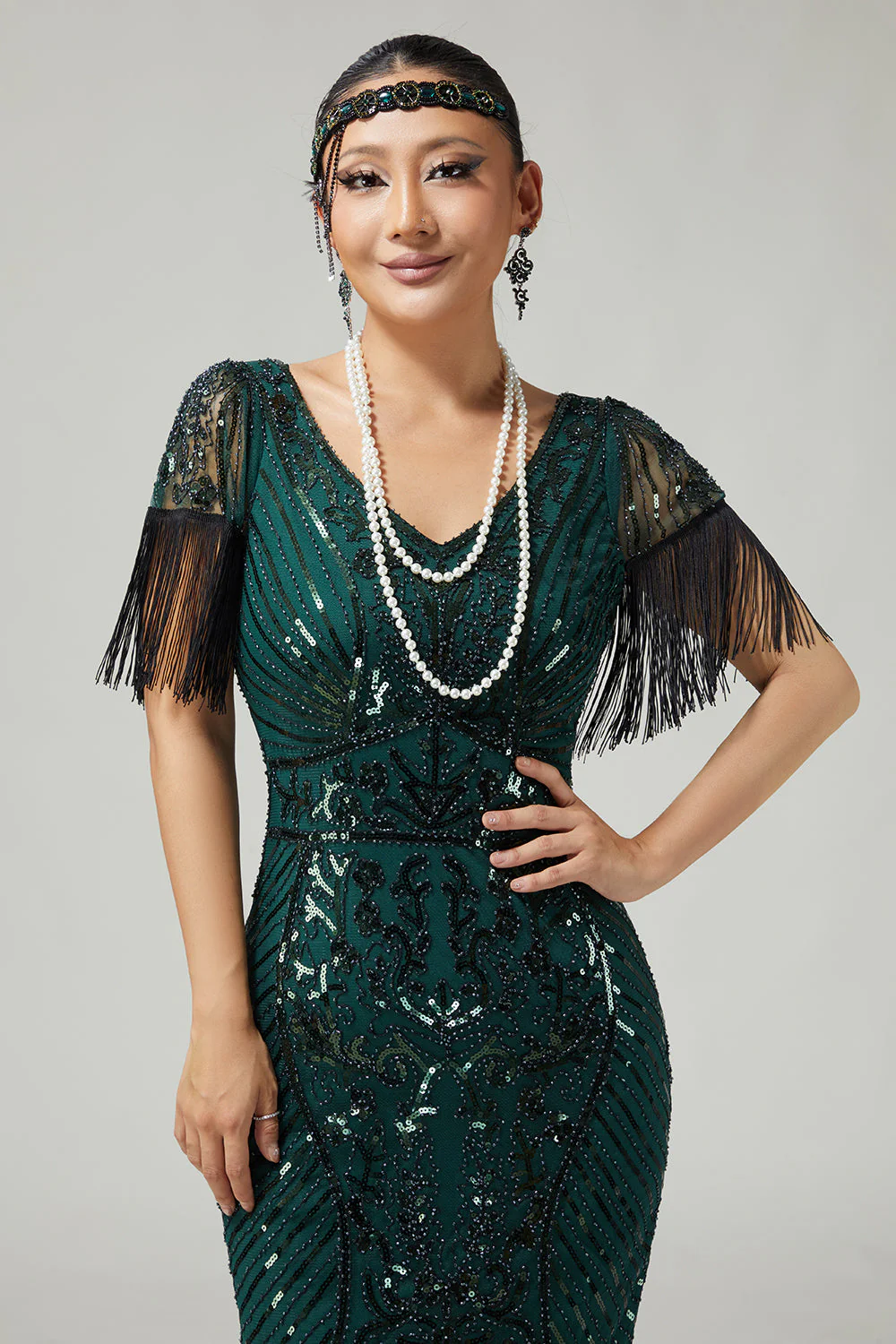 Ciemnozielona cekinowa sukienka z frędzlami Bodycon 1920s z 5-częściowym zestawem akcesoriów - Image 4