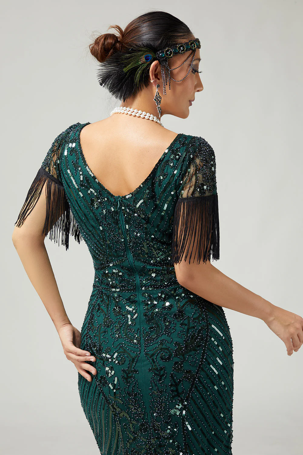 Ciemnozielona cekinowa sukienka z frędzlami Bodycon 1920s z 5-częściowym zestawem akcesoriów - Image 5