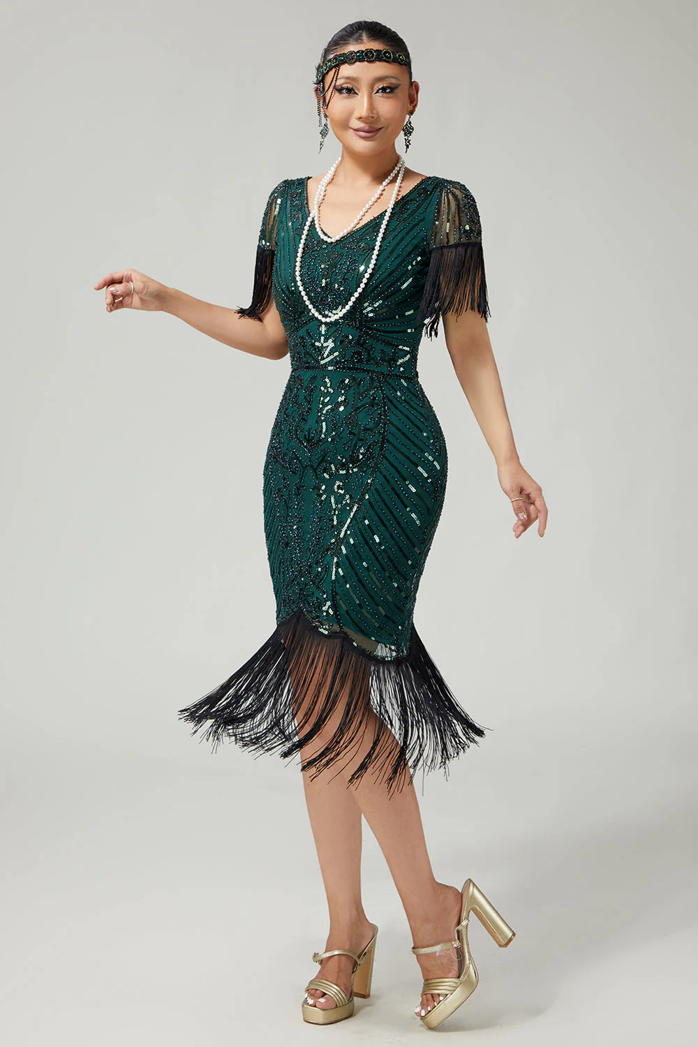 Ciemnozielona cekinowa sukienka z frędzlami Bodycon 1920s z 5-częściowym zestawem akcesoriów - Image 6