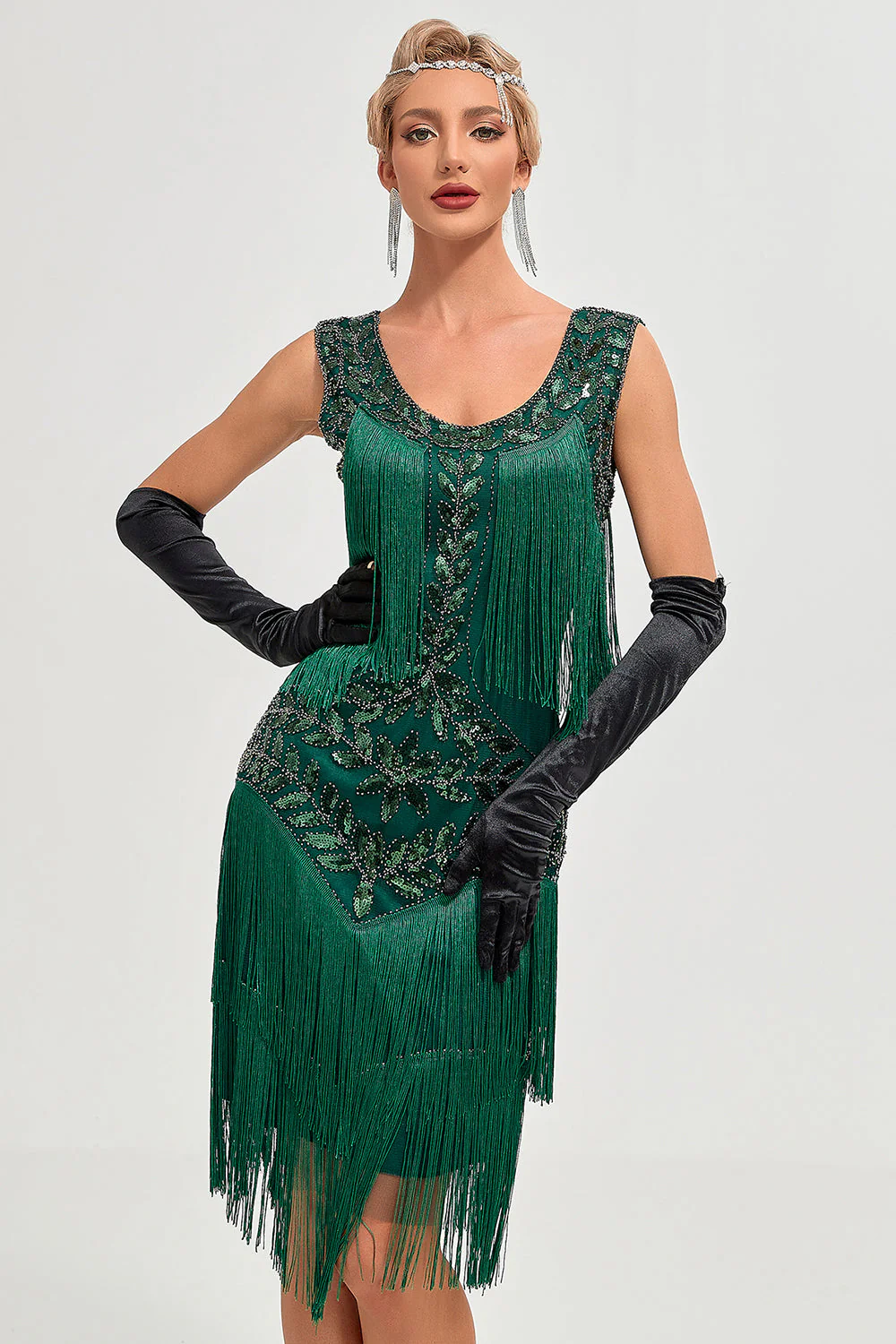 Ciemnozielona Cekinowa Sukienka Wielki Gatsby Z Zestawem Akcesoriów - Image 6