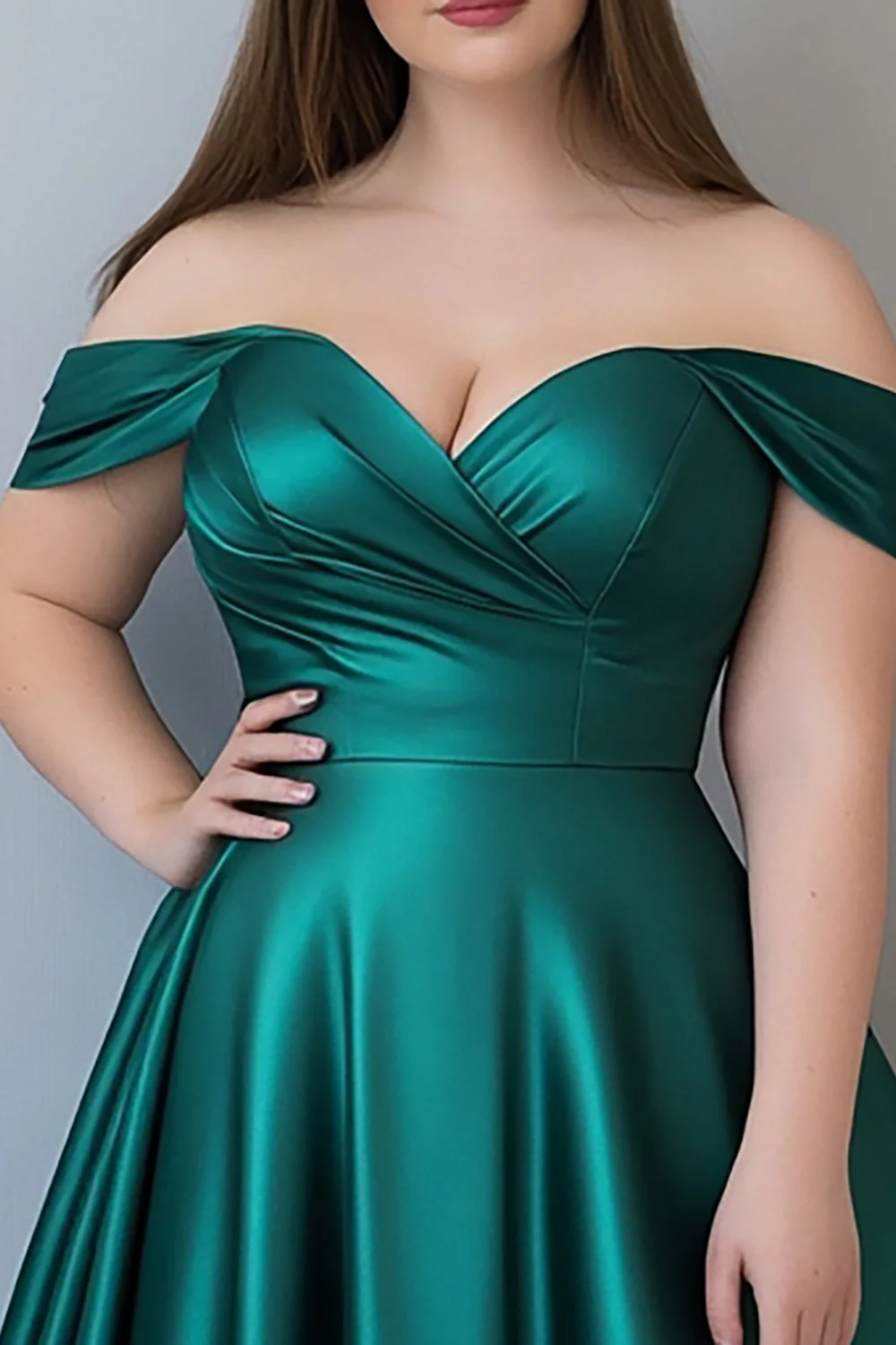 Ciemnozielona linia plus size satynowa długa sukienka wizytowa - Image 2