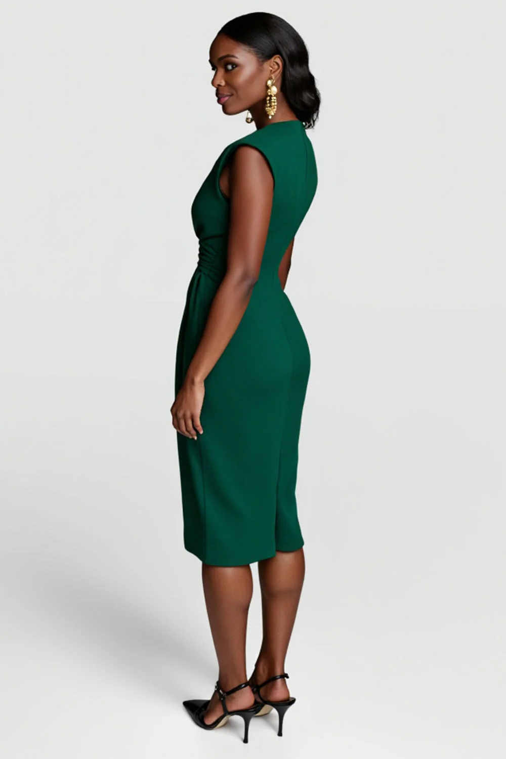 Ciemnozielona ruched V Neck Bodycon Do kolan Sukienka robocza do kolan - Image 2