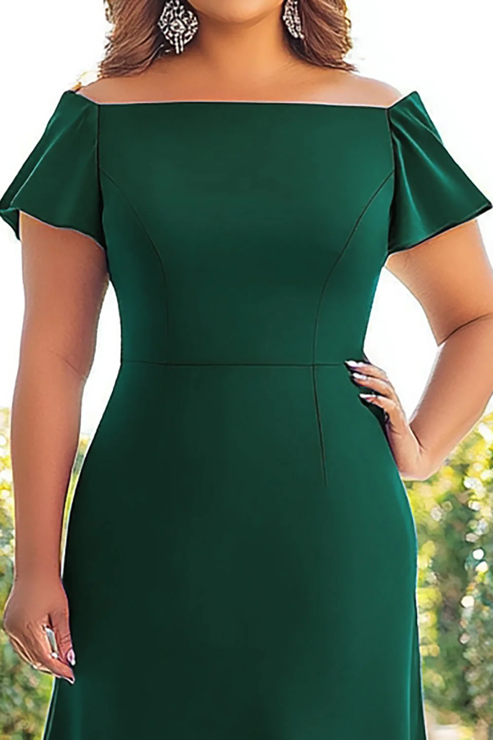 Ciemnozielona Satynowa Plus Size Długa Sukienki Na Wesele z Rękawy - Image 2