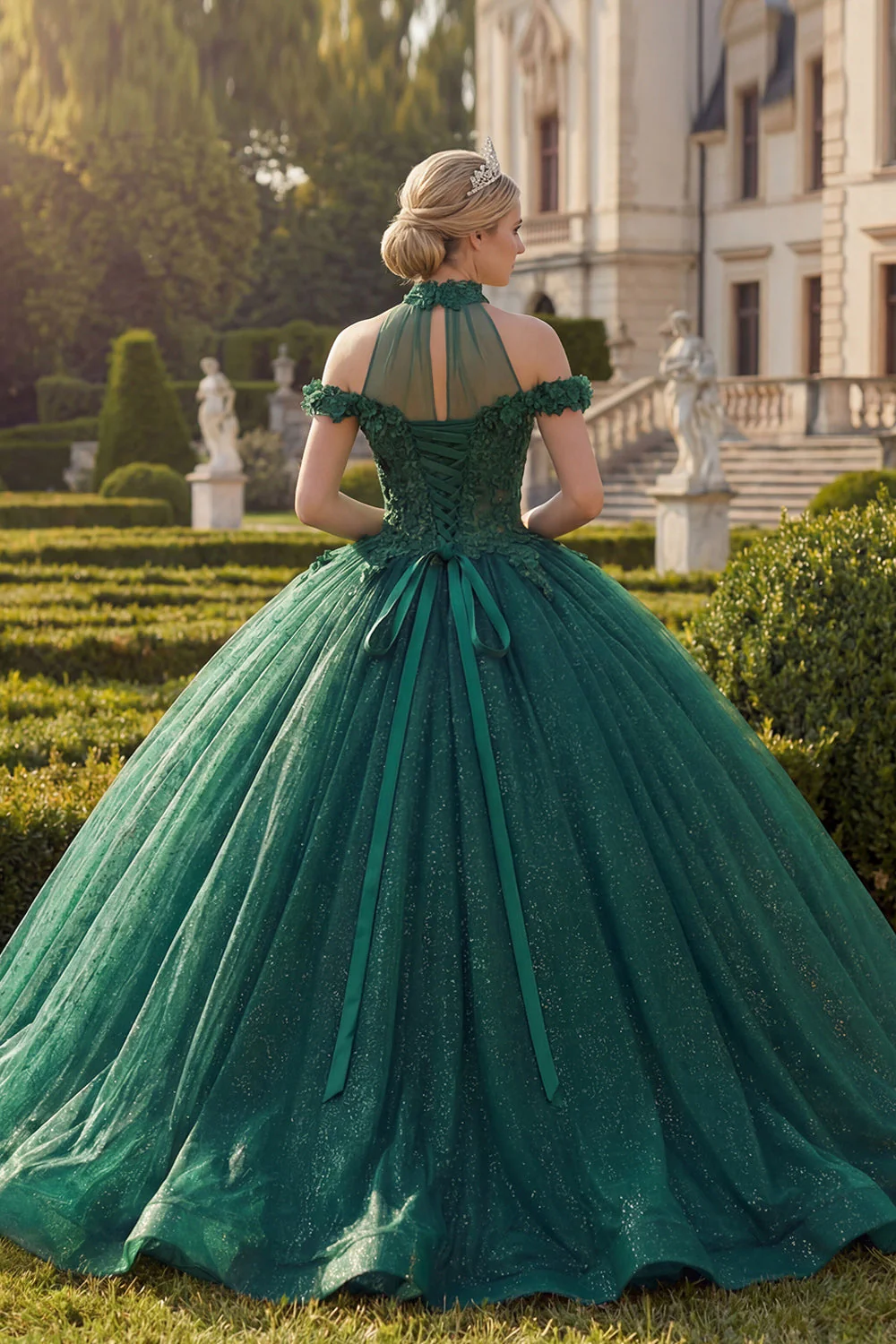 Ciemnozielona suknia balowa z dekoltem na ramię i aplikacjami z brokatem – sukienka Quinceanera - Image 2