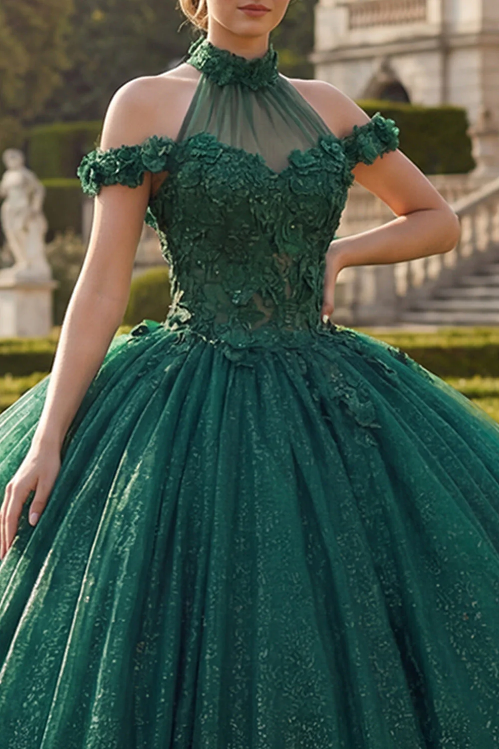 Ciemnozielona suknia balowa z dekoltem na ramię i aplikacjami z brokatem – sukienka Quinceanera - Image 3