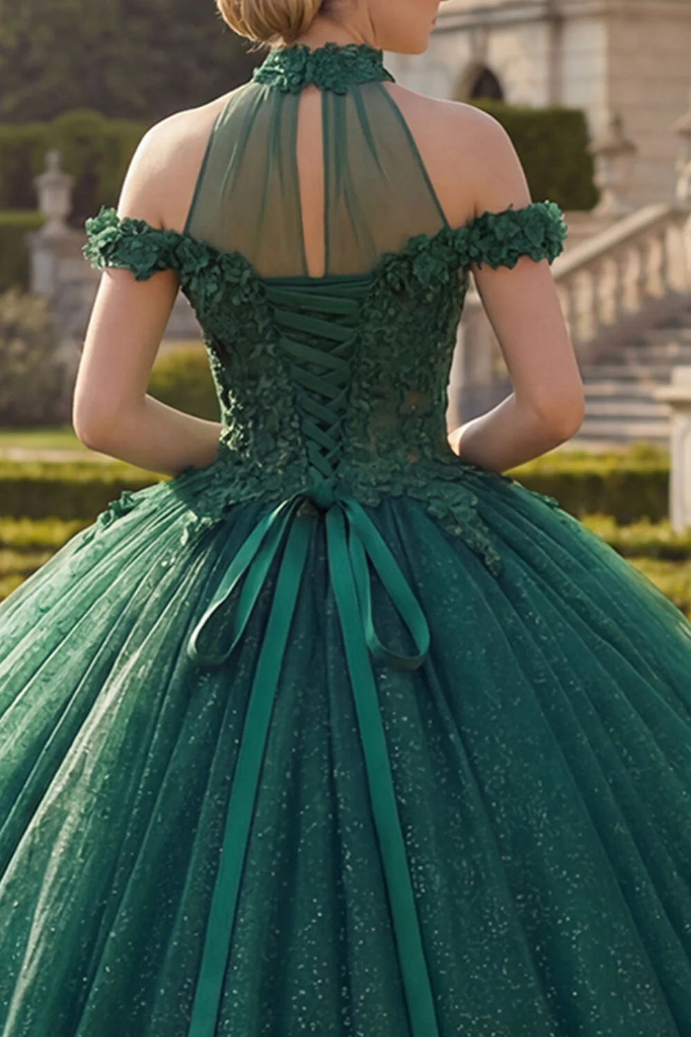 Ciemnozielona suknia balowa z dekoltem na ramię i aplikacjami z brokatem – sukienka Quinceanera - Image 4