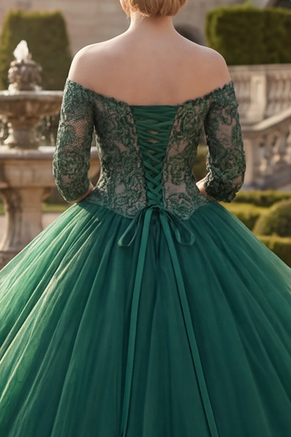 Ciemnozielona suknia balowa z falbanami i sukienka z Quinceañera z odkrytymi ramionami - Image 4
