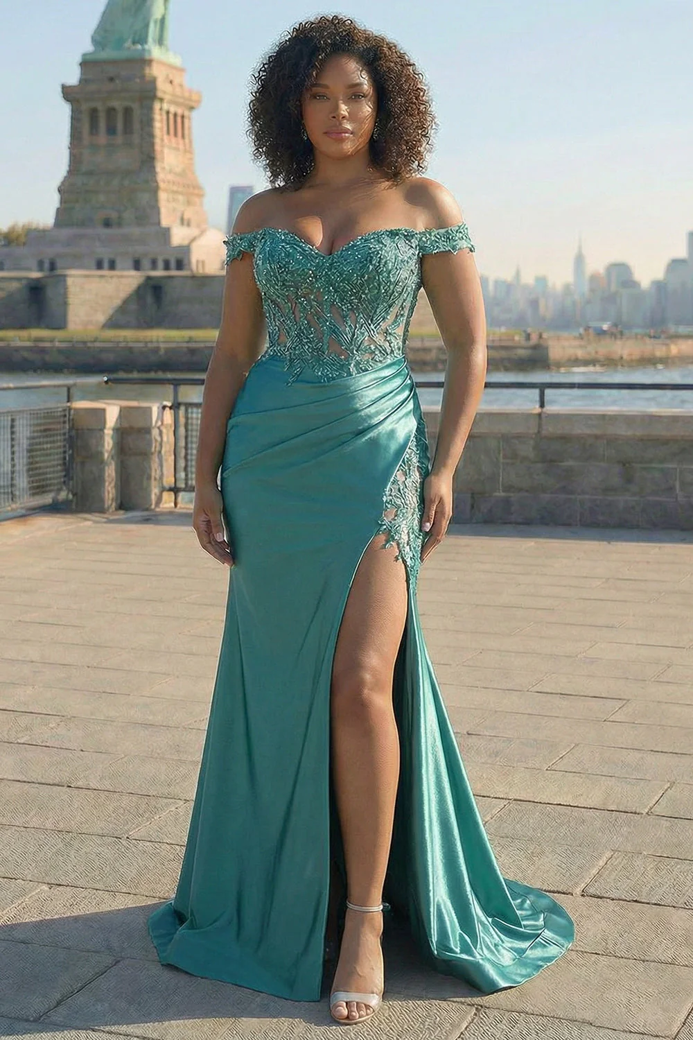 Ciemnozielona syrena z odkrytymi ramionami, długa satynowa sukienka na bal plus size z rozcięciem - Image 5